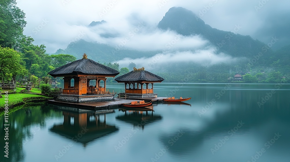 Obraz premium Serene lakeside pavilions surrounded by misty mountains and calm waters.