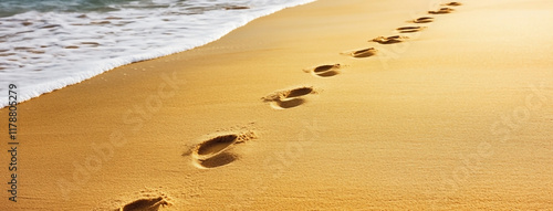 Foot prints in the sandy beach. Keep only the foot prints. Theme of Only memories, no garbage. photo