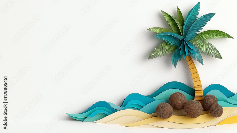 Obraz premium a tropical setting with a paper-cut palm tree, coconuts, and layered waves in blue and teal. a tree has vivid green leaves layered for depth, and the beach is detailed with yellow and tan paper cuts