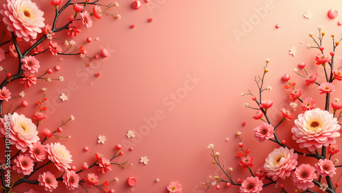 Pink Floral Frame, Spring Background, Chinese New Year,  Elegant Design