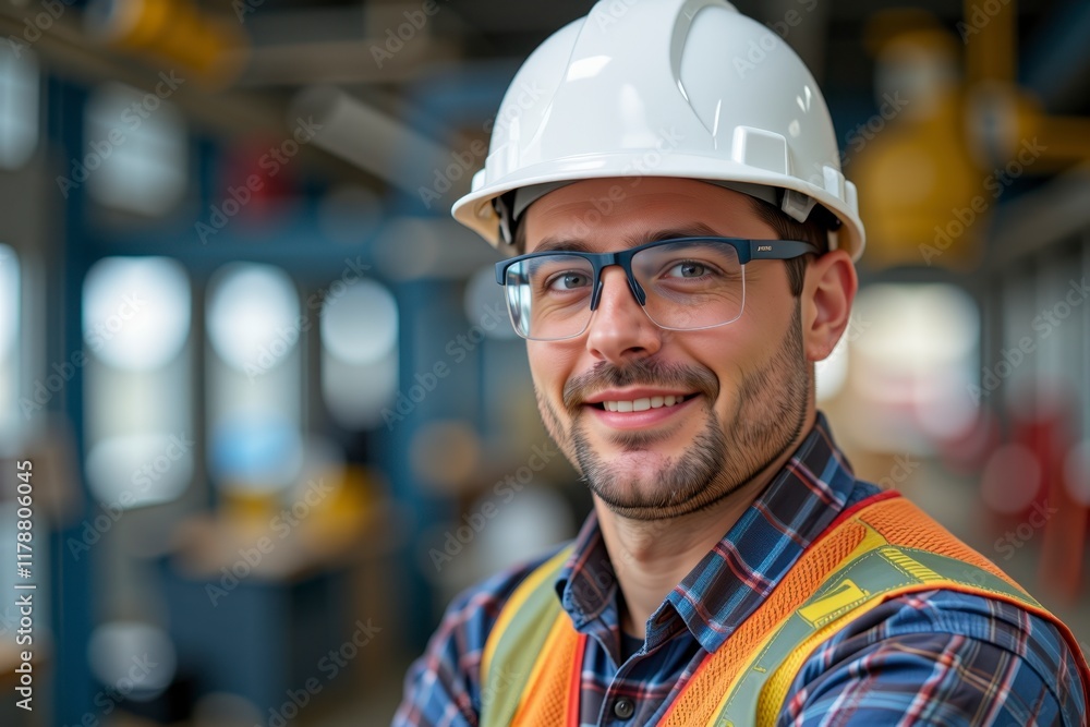 Confident Male Construction Worker in Hard Hat and Safety Vest Smiling Confident Male Construction Worker in Hard Hat and Safety Vest Smiling