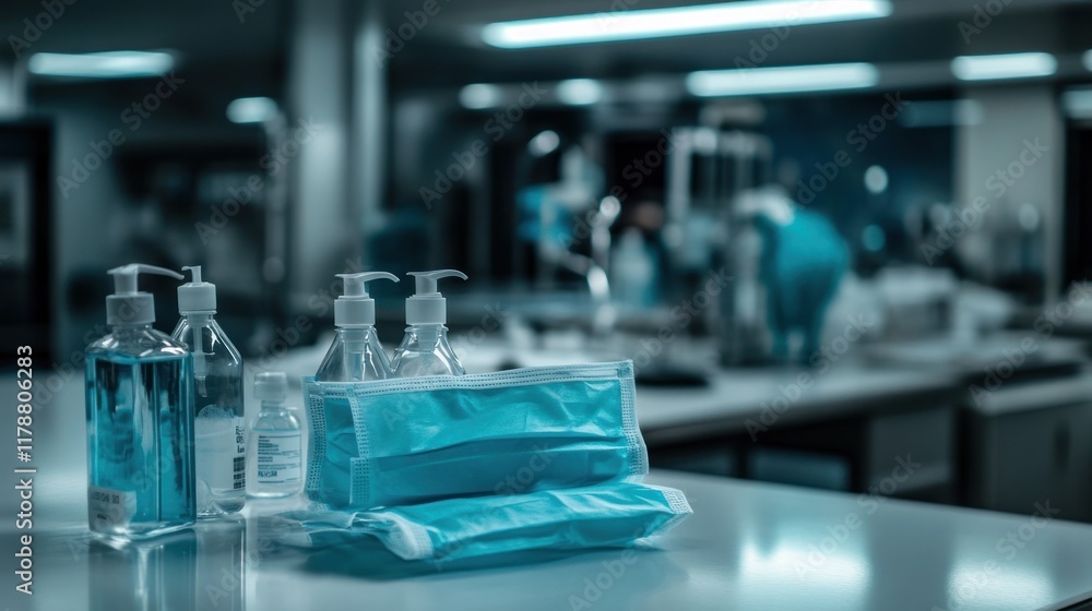 Medical supplies on a table, including hand sanitizer and face masks in a clinical setting. Medical supplies on a table, including hand sanitizer and face masks in a clinical setting.