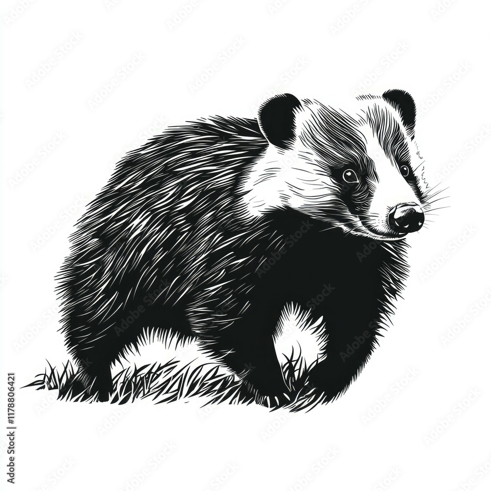 Obraz premium Majestic Badger: A Stunning Black and White Wildlife Illustration
