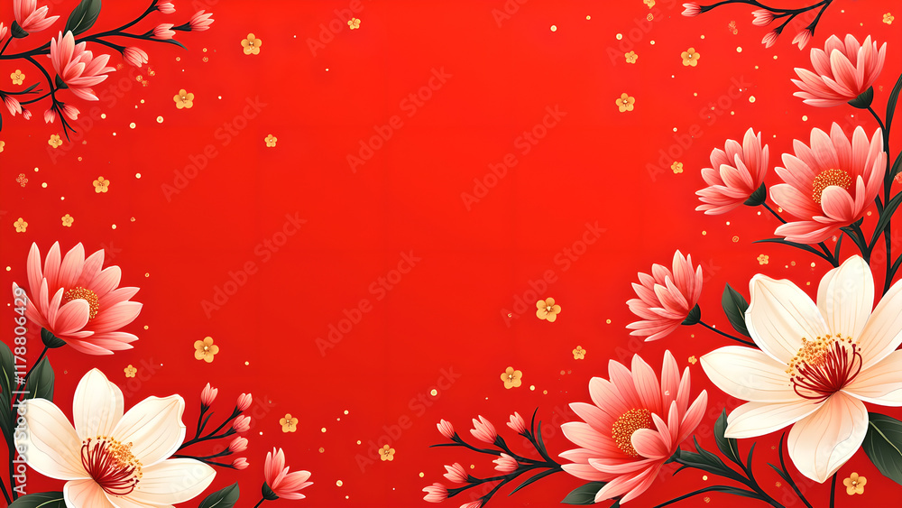 Obraz premium Floral Background with Red and White Magnolias. Concept of Spring, Chinese New Year, Celebration, and Floral Design.