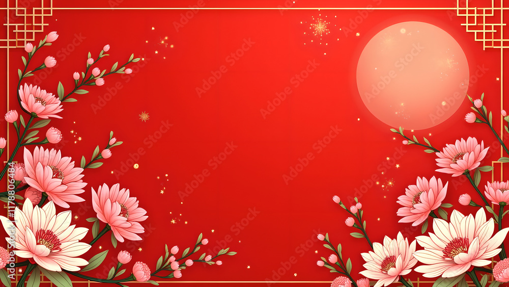 Chinese New Year Background with Flowers and Moon. Concept of Celebration, Tradition, and Festivity. Chinese New Year Background with Flowers and Moon. Concept of Celebration, Tradition, and Festivity.