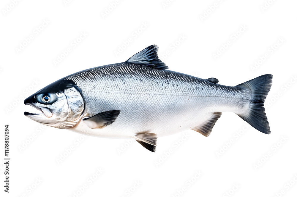 Naklejka premium Silver salmon fish with fine details, textured scales and fins isolated on white transparent background. Concept of aquatic life