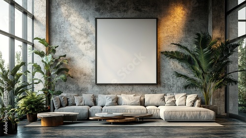 Modern Living Room Interior Design With Large Blank Canvas photo