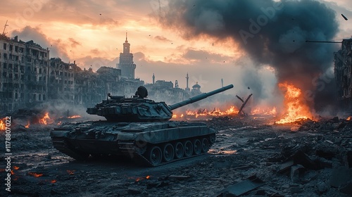 Tank moving through a war-torn city, smoke and fire in the background, intense detail photo