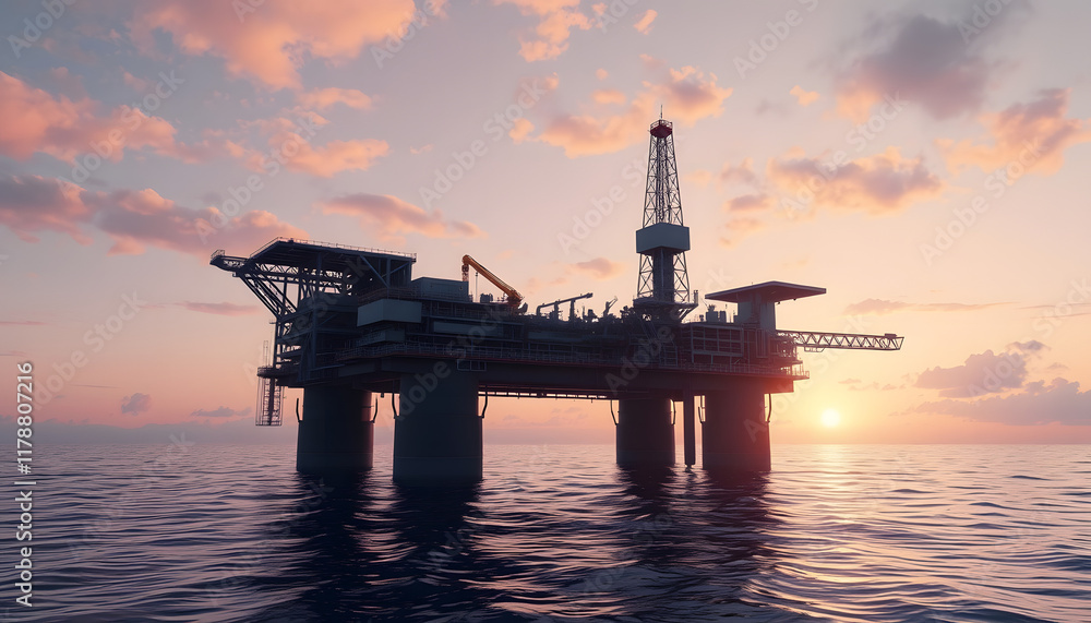 Offshore oil and gas platform in the sea at sunset., 8k unreal engine photorealism, with white tones Offshore oil and gas platform in the sea at sunset., 8k unreal engine photorealism, with white tones