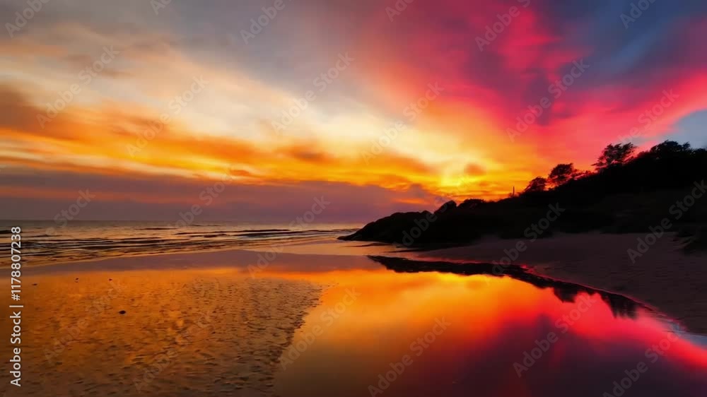Clouds beautifully reflected on the wet, shimmering surface of the sandy beach at sunset, with warm hues of orange, pink, and purple painting the sky and the tranquil water Clouds beautifully reflected on the wet, shimmering surface of the sandy beach at sunset, with warm hues of orange, pink, and purple painting the sky and the tranquil water