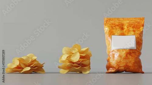 Potato chip packaging and two handfuls of chips in different sizes next to it illustrating the definition of shrinkflation. Product. Economy. Budget. Price. Weight. A bag of chips. Economics. Cost