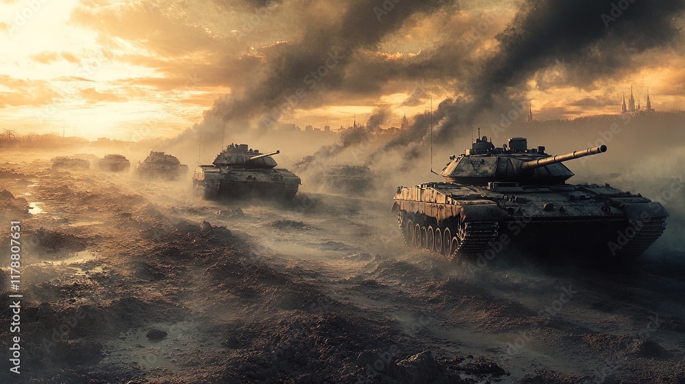 Tank moving through a war-torn city, smoke and fire in the background, intense detail Tank moving through a war-torn city, smoke and fire in the background, intense detail