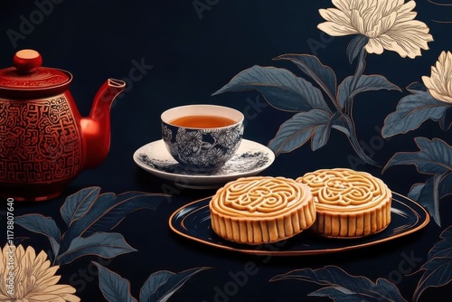 Mooncake and tea-Chinese mid autumn festival food. ai generative photo