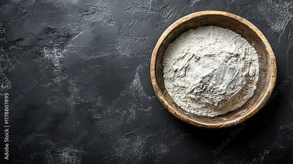 Wooden bowl of flour on dark background, baking ingredient, recipe concept. Wooden bowl of flour on dark background, baking ingredient, recipe concept.