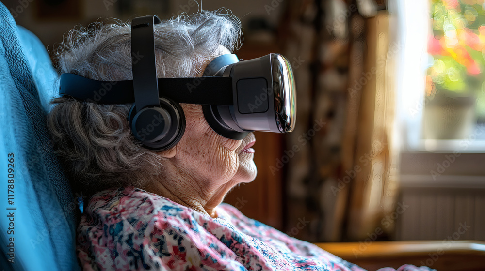 Assistive technology for seniors captured by an older adult participating in virtual reality therapy Stock Photo with side copy space Assistive technology for seniors captured by an older adult participating in virtual reality therapy Stock Photo with side copy space
