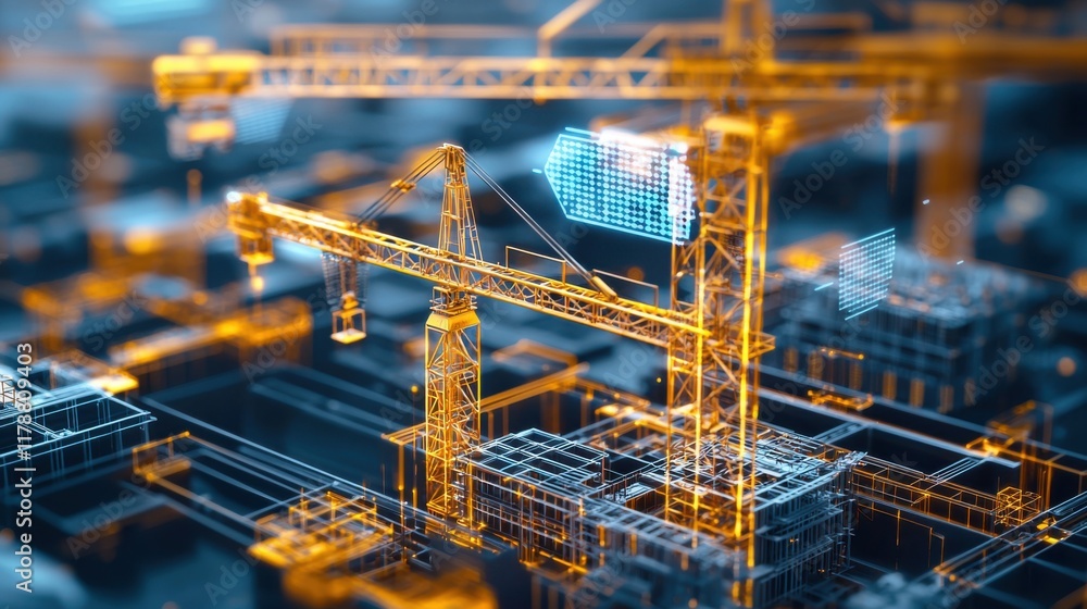 Obraz premium A digital rendering of cranes and construction elements, showcasing a futuristic urban development with glowing lines and geometric shapes.