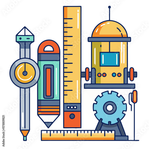 Various precise instruments are displayed together, showcasing tools like a compass, pencil, ruler, and mechanical device, emphasizing their importance for accurate measurements