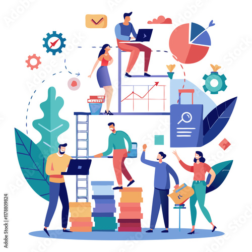 Team members actively collaborate on a project plan, breaking it into tasks using laptops and visual aids. The setting is vibrant, emphasizing teamwork and productivity