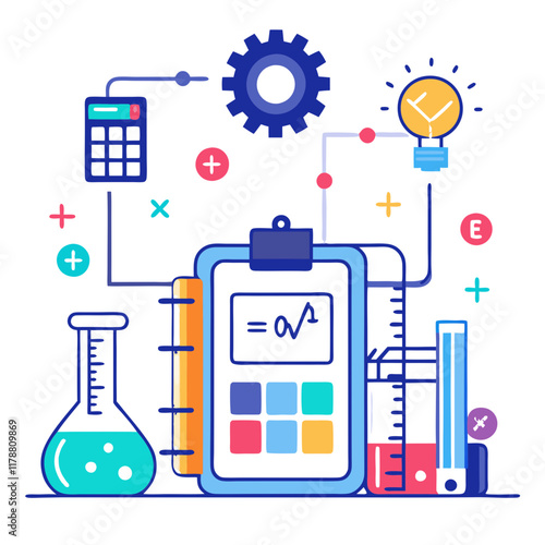 This digital interface showcases multiple engineering calculation tools, including a calculator, diagrams, and measuring instruments within a laboratory setting