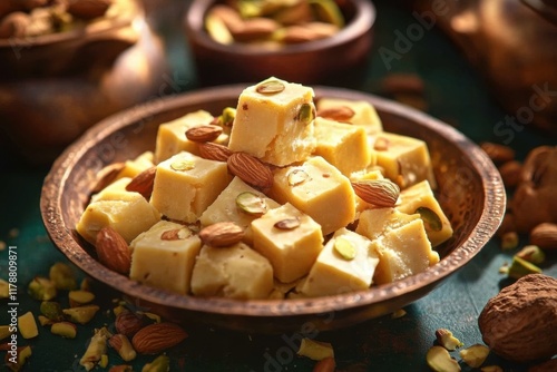 Soan Papdi is a popular Indian cube-shaped crunchy dessert. Served with almonds and pistachios in a bowl. ai generative photo