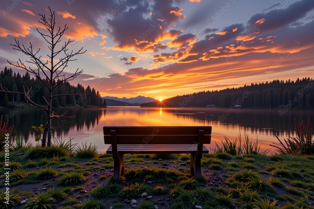 Fototapeta premium Serene Sunset Over Mountain Lake with Bench Peaceful Nature Scene Tranquil Landscape Photography