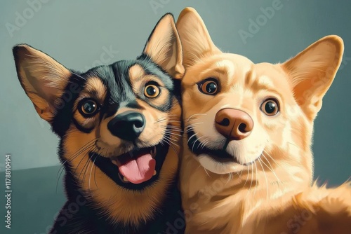 Cat and dog best friends taking a selfie shot.  illustration photo