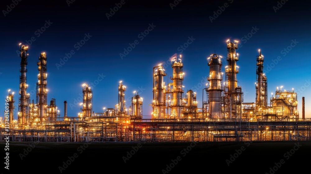 Naklejka premium A sprawling industrial complex illuminated at night, showcasing towering structures and pipes against a dark blue sky.