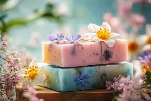 handmade soap for gift with spring floral background. ai generative photo