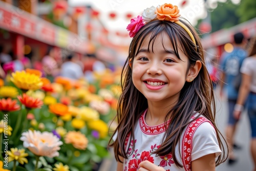 Happy Asian Girl Child Smiling in Flower Garden Festive Street Background