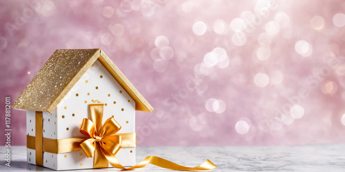 House-shaped Gift Box with Gold Ribbon on Pink Bokeh Background