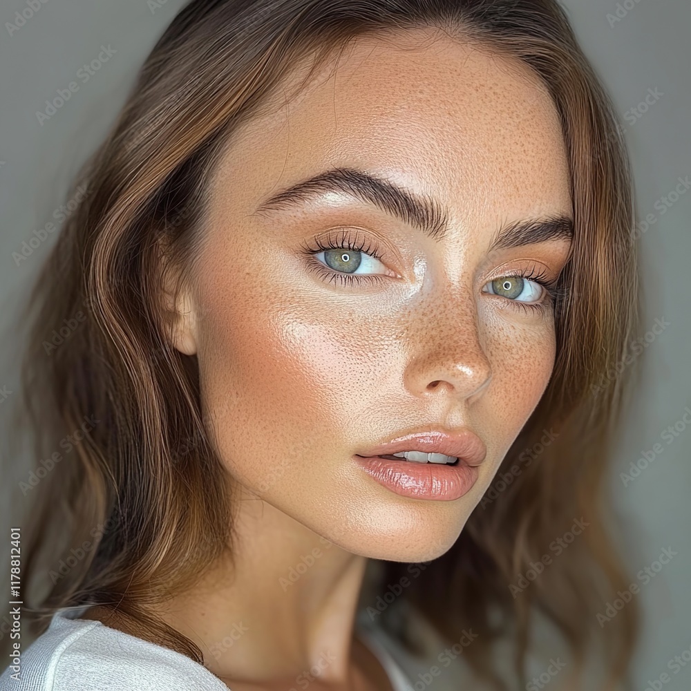 Fototapeta premium Close-up portrait of a young woman with freckles and subtle makeup.