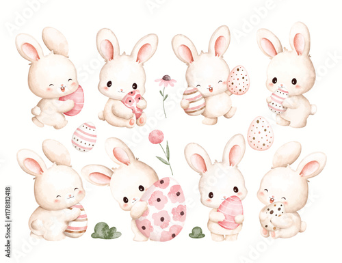 Watercolor Illustration Set of Easter Bunny with Easter Eggs