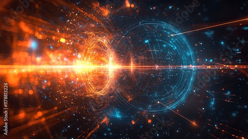 Abstract representation of a futuristic war with energy shields and laser weapons