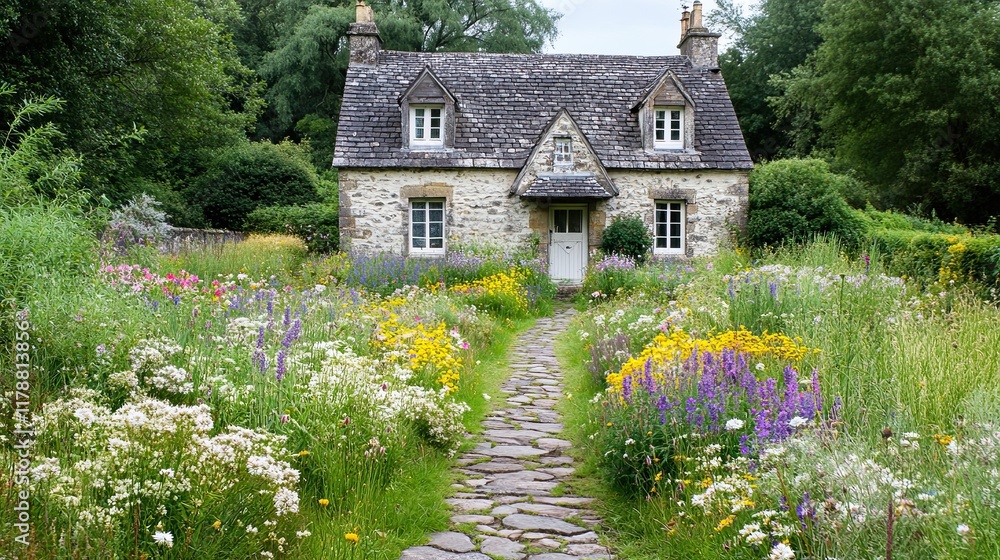Fototapeta premium Stone Cottage Garden: A quaint stone cottage nestled amidst a vibrant wildflower garden, a stone path leading towards its charming entrance, exudes a sense of tranquility and rustic charm. 