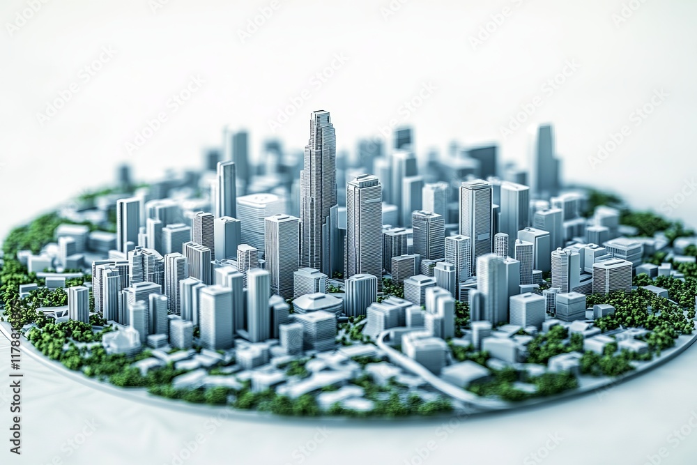 Obraz premium Detailed miniature model of a futuristic city with skyscrapers and lush green areas, showcasing urban planning and architectural design.