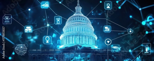 AI icons illustrate public sector enhancements, including e-governance and record automation.