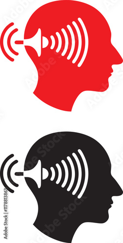 Red and black graphic icons, sound wave visualization, human head silhouette, ear shape, audio perception concept, minimalist design, bold contrasting colors, symmetrical composition, audiology symbol