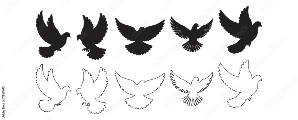 Fototapeta premium flying dove silhouette vector, Birds icon set, animal vector, Pigeon silhouette | vector silhouette illustration on white background, dove logo vector icon illustration, logo template