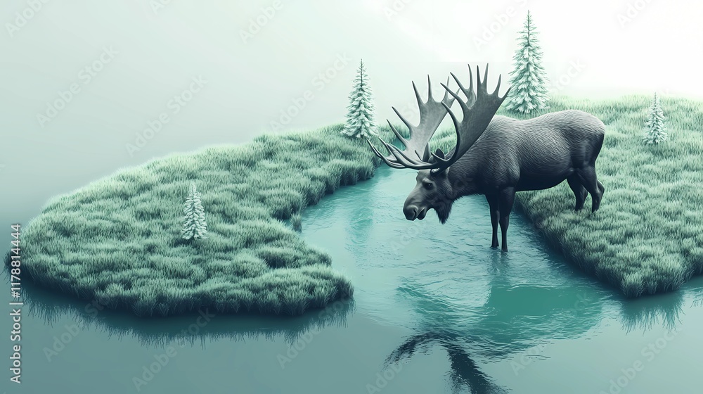 Moose near a tranquil forest pond, reflecting the calmness of nature, surrounded by lush vegetation and serenity, style book illustration Moose near a tranquil forest pond, reflecting the calmness of nature, surrounded by lush vegetation and serenity, style book illustration