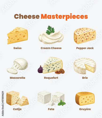 Cheese Masterpieces Vector Collection Featuring 9 Exquisite Cheese Types for Gourmet Food and Creative Projects