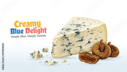 Blue Cheese Slice Vector with Crumbled Pieces and Dried Figs for Gourmet Food Designs