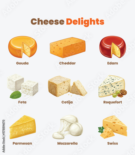 Cheese Delights Vector Collection Featuring 9 Popular Cheese Types for Gourmet and Creative Food Designs