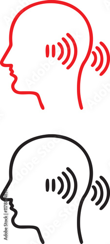 Red and black graphic icons, sound wave visualization, human head silhouette, ear shape, audio perception concept, minimalist design, bold contrasting colors, symmetrical composition, audiology symbol