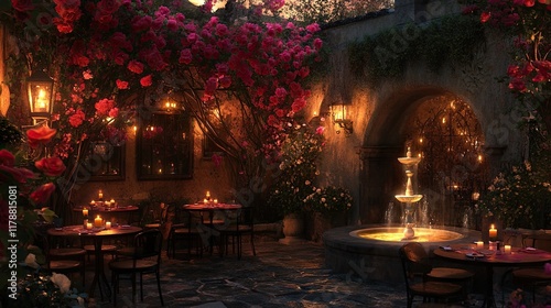 Romantic Patio Dinner: A magical evening unfolds in a charming courtyard restaurant, bathed in the warm glow of candlelight and adorned with vibrant bougainvillea.