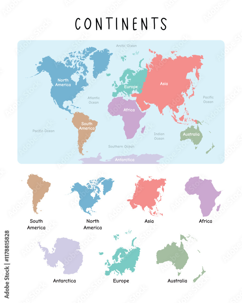 Fototapeta premium Continents. World Map and Its Division into Continents with soft colorful. Suitable for website layout, background, education, customizable, Travel around the world, map silhouette background, earth g