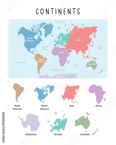 Continents. World Map and Its Division into Continents with soft colorful. Suitable for website layout, background, education, customizable, Travel around the world, map silhouette background, earth g
