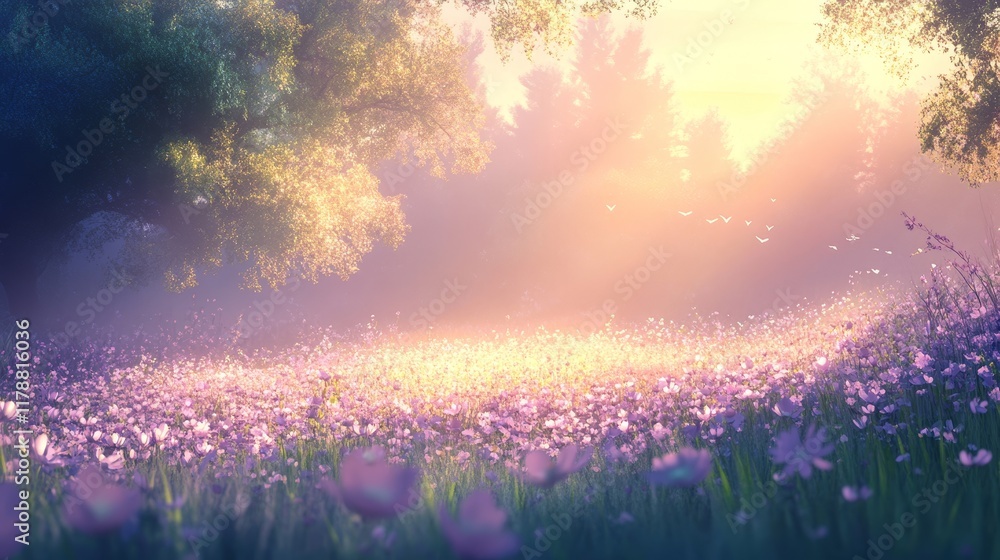 A tranquil scene of a sunlit meadow with wildflowers and trees, bathed in soft morning light and mist. A tranquil scene of a sunlit meadow with wildflowers and trees, bathed in soft morning light and mist.
