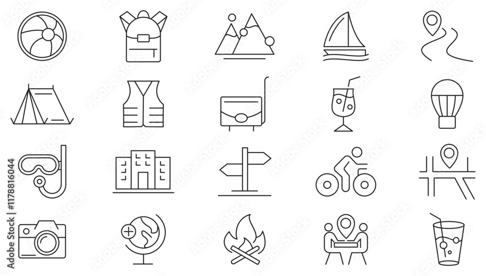 Travel line icon set. Map pin, gps, destination, directions, distance, place, travel, ticket, vector, beach, summer, navigation line icon set. Ui thin line icon pack. Travel line icon set. Map pin, gps, destination, directions, distance, place, travel, ticket, vector, beach, summer, navigation line icon set. Ui thin line icon pack.