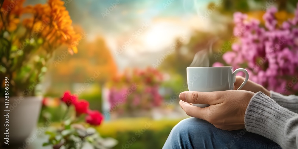 Cozy Journaling Moment with a Warm Cup of Tea Overlooking a Vibrant Outdoor Garden Scene through the Window Cozy Journaling Moment with a Warm Cup of Tea Overlooking a Vibrant Outdoor Garden Scene through the Window