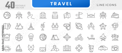 Travel line icon set. Map pin, gps, destination, directions, distance, place, travel, ticket, vector, beach, summer, navigation line icon set. Ui thin line icon pack.